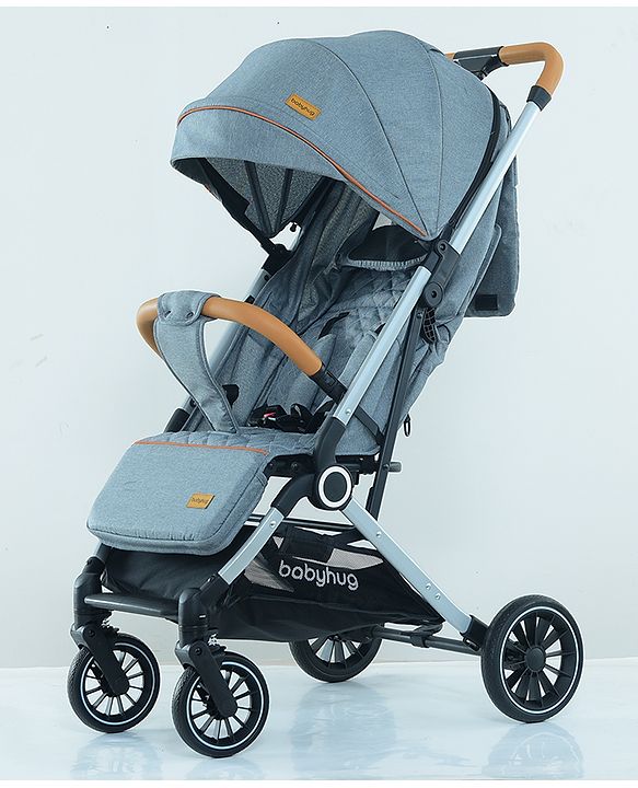 Babyhug AeroGlide Compact Fold Baby Stroller  Grey| One-Hand Fold Safety Harness Reclining Seat Concealed Linked Brake Integrated Trolley Handle Air-cabin Friendly Suspension Wheel 03 Years Grey