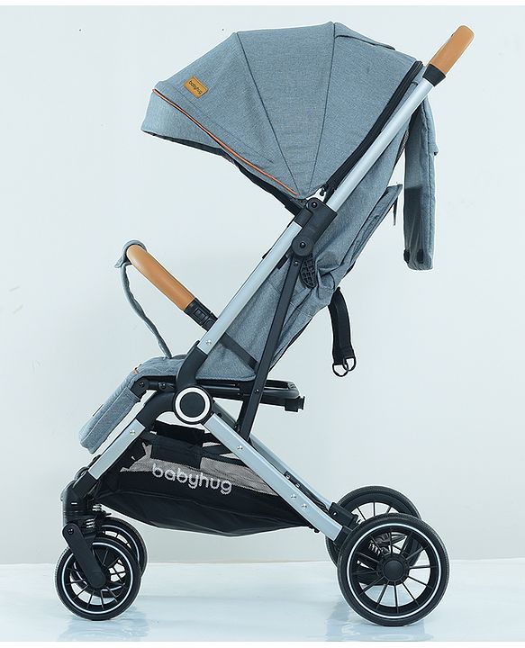 Babyhug AeroGlide Compact Fold Baby Stroller  Grey| One-Hand Fold Safety Harness Reclining Seat Concealed Linked Brake Integrated Trolley Handle Air-cabin Friendly Suspension Wheel 03 Years Grey