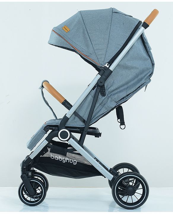 Babyhug AeroGlide Compact Fold Baby Stroller  Grey| One-Hand Fold Safety Harness Reclining Seat Concealed Linked Brake Integrated Trolley Handle Air-cabin Friendly Suspension Wheel 03 Years Grey
