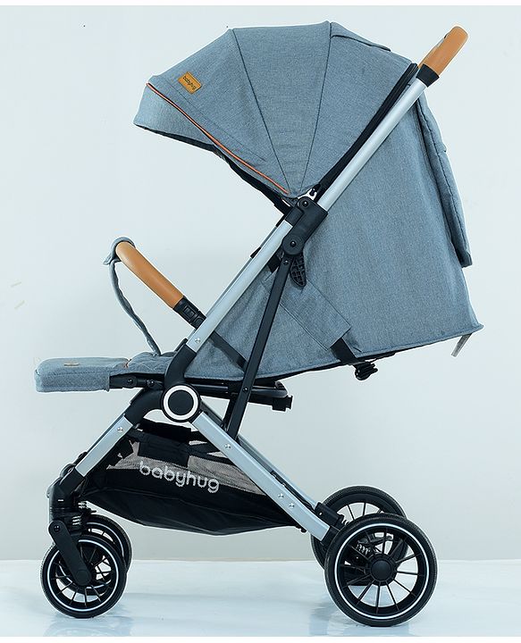 Babyhug AeroGlide Compact Fold Baby Stroller  Grey| One-Hand Fold Safety Harness Reclining Seat Concealed Linked Brake Integrated Trolley Handle Air-cabin Friendly Suspension Wheel 03 Years Grey