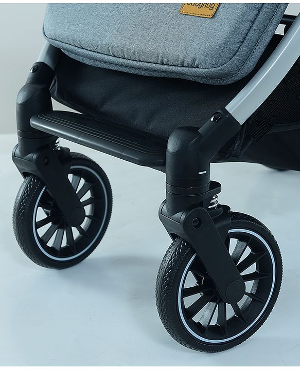 Babyhug AeroGlide Compact Fold Baby Stroller  Grey| One-Hand Fold Safety Harness Reclining Seat Concealed Linked Brake Integrated Trolley Handle Air-cabin Friendly Suspension Wheel 03 Years Grey