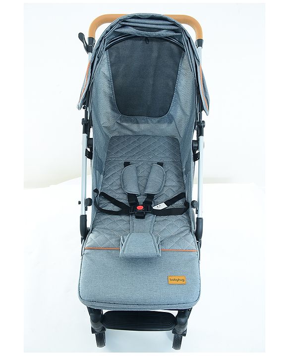 Babyhug AeroGlide Compact Fold Baby Stroller  Grey| One-Hand Fold Safety Harness Reclining Seat Concealed Linked Brake Integrated Trolley Handle Air-cabin Friendly Suspension Wheel 03 Years Grey