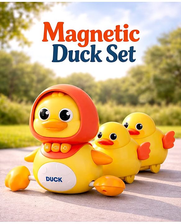 Babyhug Magnetic Crawling Duck Toy Set - Yellow| Music & LED Lights| Dancing Mother Duck| Visual & Auditory Development| Battery Operated| Encourages Crawling| BIS Certified| Gifting Option for 6M+