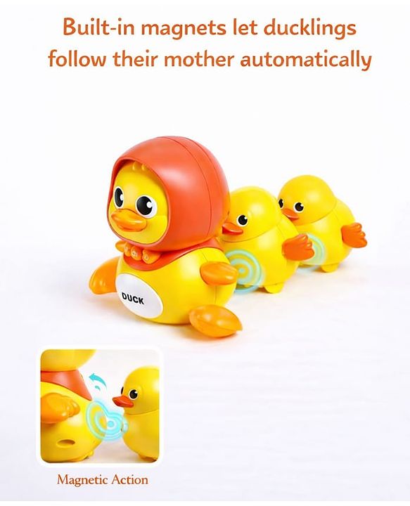 Babyhug Magnetic Crawling Duck Toy Set - Yellow| Music & LED Lights| Dancing Mother Duck| Visual & Auditory Development| Battery Operated| Encourages Crawling| BIS Certified| Gifting Option for 6M+
