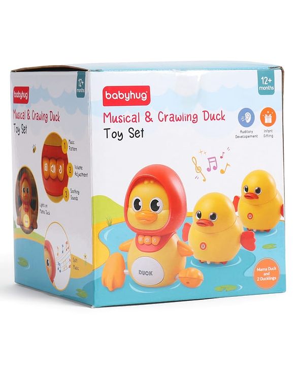 Babyhug Magnetic Crawling Duck Toy Set - Yellow| Music & LED Lights| Dancing Mother Duck| Visual & Auditory Development| Battery Operated| Encourages Crawling| BIS Certified| Gifting Option for 6M+