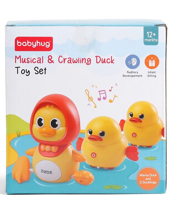 Babyhug Magnetic Crawling Duck Toy Set - Yellow| Music & LED Lights| Dancing Mother Duck| Visual & Auditory Development| Battery Operated| Encourages Crawling| BIS Certified| Gifting Option for 6M+