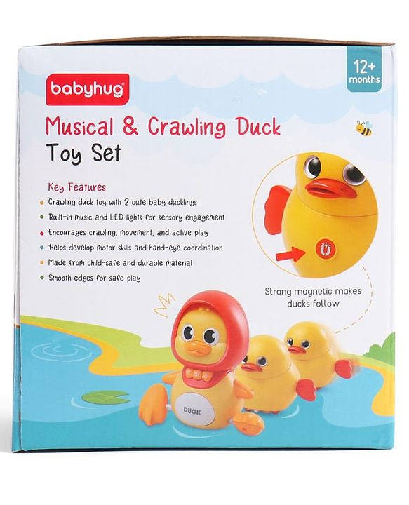 Babyhug Magnetic Crawling Duck Toy Set - Yellow| Music & LED Lights| Dancing Mother Duck| Visual & Auditory Development| Battery Operated| Encourages Crawling| BIS Certified| Gifting Option for 6M+