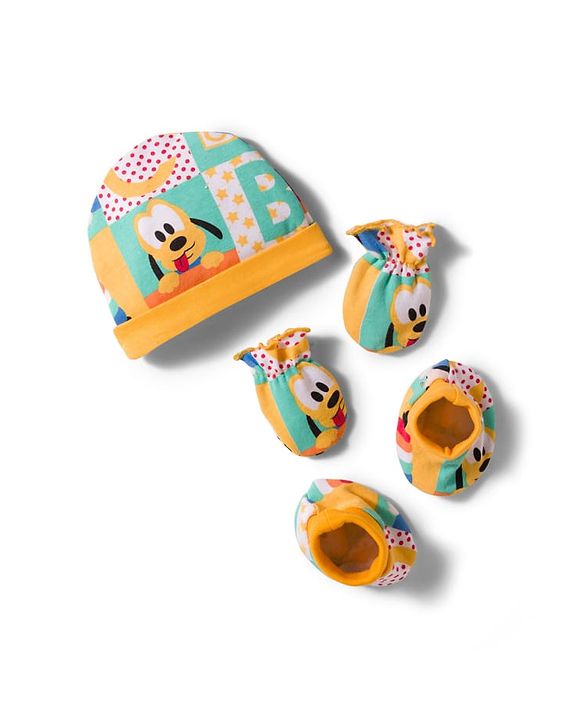 Babyhug Disney 100% Cotton Knit Cap Mittens & Booties Set With Micky Mouse & Friend Print Multicolour - Diameter 16 cm