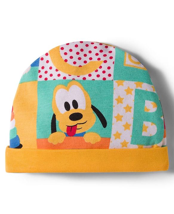 Babyhug Disney 100% Cotton Knit Cap Mittens & Booties Set With Micky Mouse & Friend Print Multicolour - Diameter 16 cm