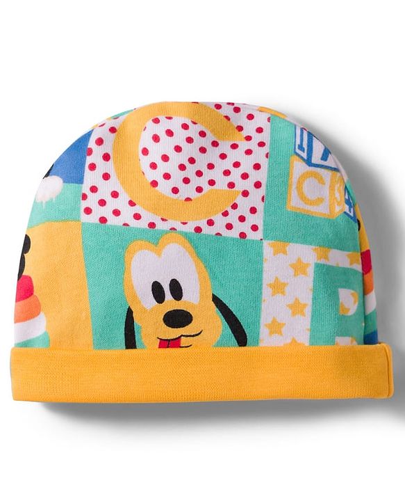 Babyhug Disney 100% Cotton Knit Cap Mittens & Booties Set With Micky Mouse & Friend Print Multicolour - Diameter 16 cm