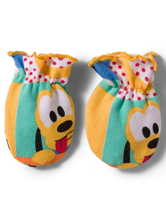 Babyhug Disney 100% Cotton Knit Cap Mittens & Booties Set With Micky Mouse & Friend Print Multicolour - Diameter 16 cm