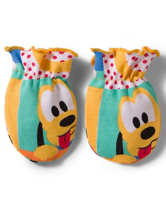 Babyhug Disney 100% Cotton Knit Cap Mittens & Booties Set With Micky Mouse & Friend Print Multicolour - Diameter 16 cm