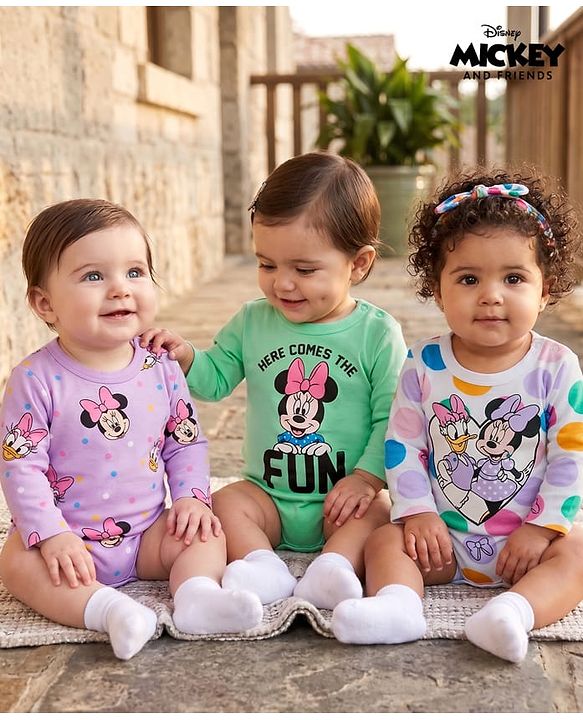 Babyhug Disney Interlock Knit Full Sleeves Onesies With Minnie & Friends Graphics Pack of 3 - Multicolor