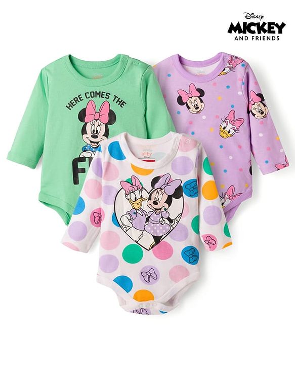Babyhug Disney Interlock Knit Full Sleeves Onesies With Minnie & Friends Graphics Pack of 3 - Multicolor