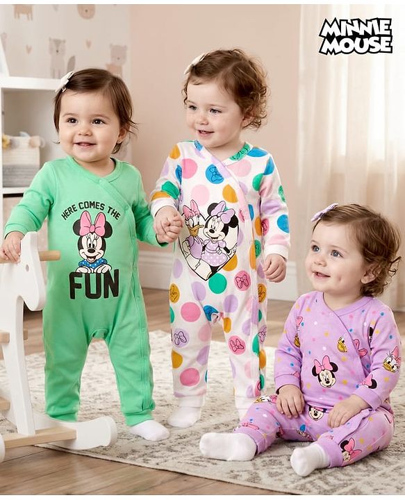 Babyhug Disney Interlock Knit Full Sleeves Rompers With Minnie & Friends Graphics Pack of 3 - Multicolor