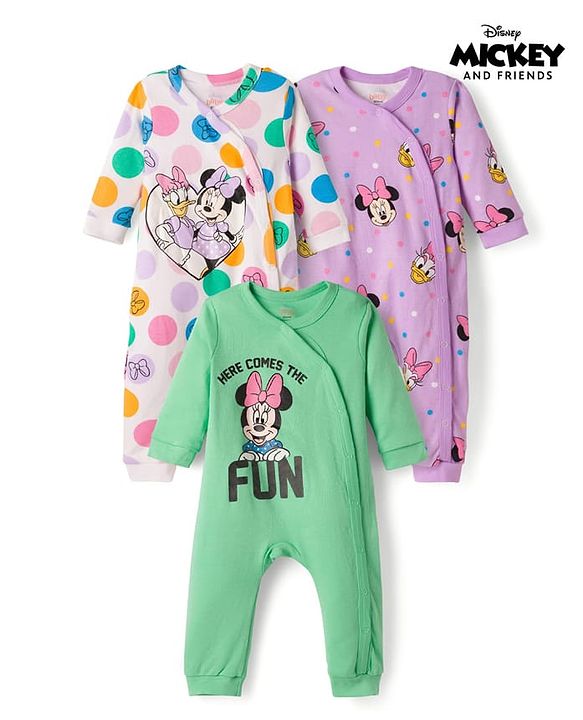 Babyhug Disney Interlock Knit Full Sleeves Rompers With Minnie & Friends Graphics Pack of 3 - Multicolor