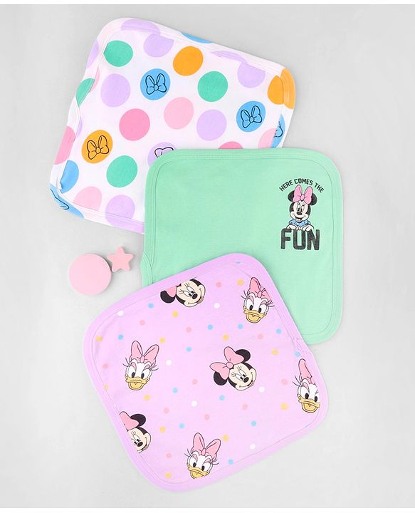 Babyhug Disney Hand & Face Towel with Minnie & Friends Graphic L 33  X B 33 cm Pack of 3 - Pink White & Sea Green