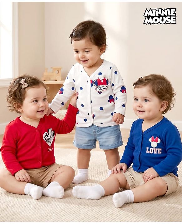 Babyhug Disney 100% Cotton Knit  Full Sleeves Front Open Jhablas With Minnie Mouse Graphic Pack of 3 - Multicolour