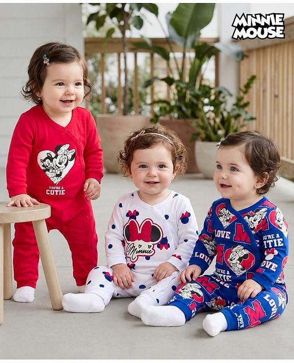 Babyhug Disney Interlock Knit Full Sleeves Romper with Minnie Mouse Graphic Pack of 3- Red Blue & White