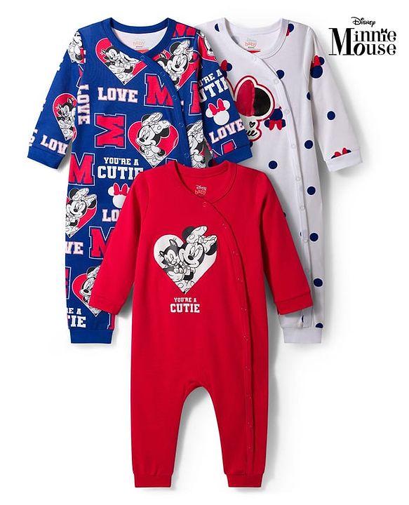Babyhug Disney Interlock Knit Full Sleeves Romper with Minnie Mouse Graphic Pack of 3- Red Blue & White