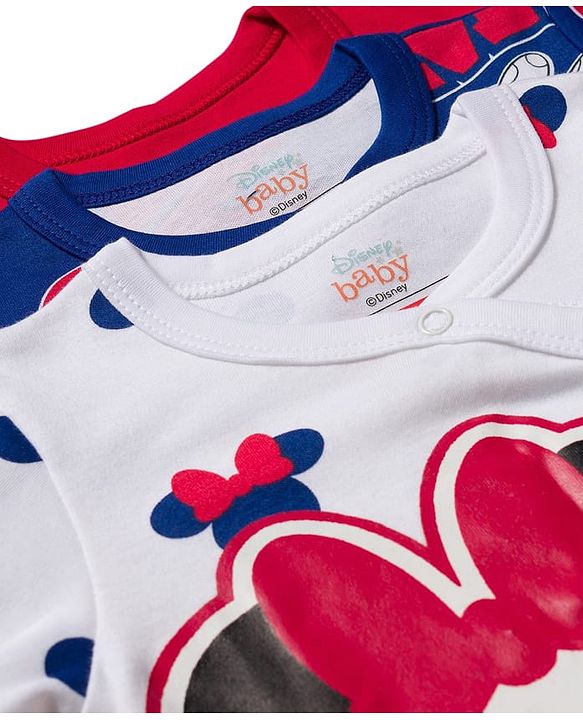 Babyhug Disney Interlock Knit Full Sleeves Romper with Minnie Mouse Graphic Pack of 3- Red Blue & White