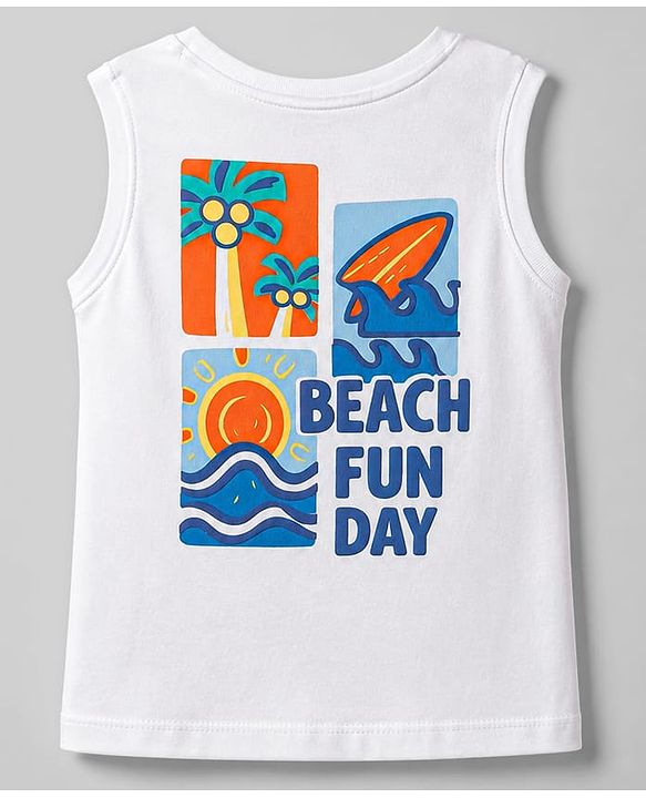 Babyhug Cotton Knit Sleeveless Tank T-Shirt With Front & Back Beach Theme Print - Multicolor