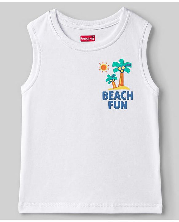 Babyhug Cotton Knit Sleeveless Tank T-Shirt With Front & Back Beach Theme Print - Multicolor