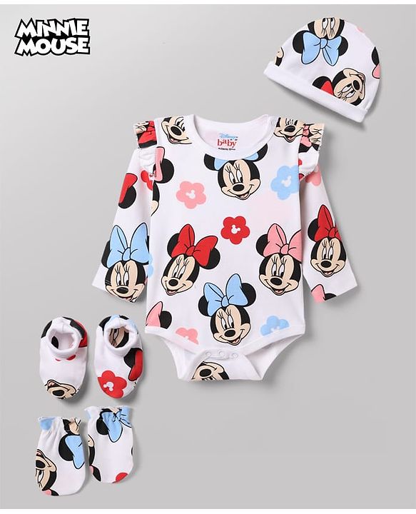 Babyhug Disney 100% Cotton Interlock Knit Full Sleeves Frock Style Onesie with Cap, Mitten and Booties with Minnie Mouse Graphic & Floral Print - White