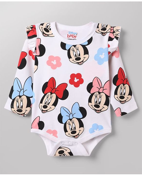 Babyhug Disney 100% Cotton Interlock Knit Full Sleeves Frock Style Onesie with Cap, Mitten and Booties with Minnie Mouse Graphic & Floral Print - White