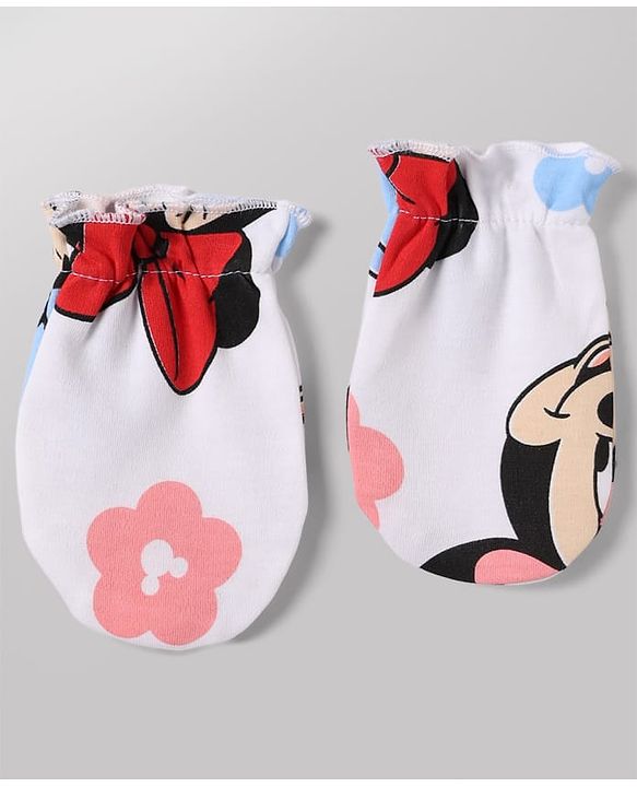 Babyhug Disney 100% Cotton Interlock Knit Full Sleeves Frock Style Onesie with Cap, Mitten and Booties with Minnie Mouse Graphic & Floral Print - White