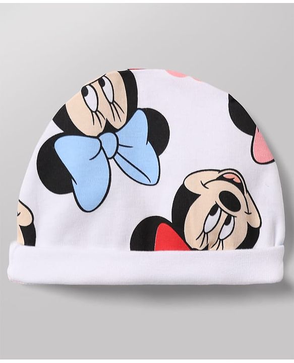 Babyhug Disney 100% Cotton Interlock Knit Full Sleeves Frock Style Onesie with Cap, Mitten and Booties with Minnie Mouse Graphic & Floral Print - White
