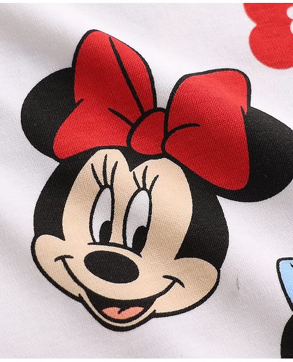 Babyhug Disney 100% Cotton Interlock Knit Full Sleeves Frock Style Onesie with Cap, Mitten and Booties with Minnie Mouse Graphic & Floral Print - White