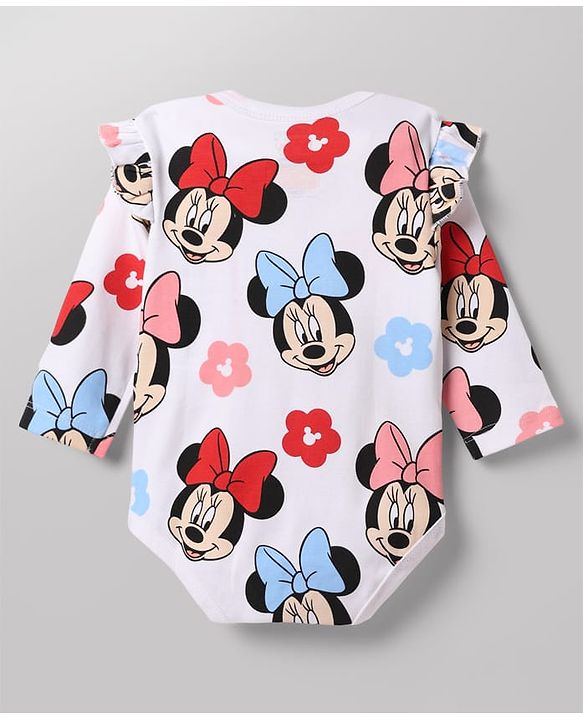 Babyhug Disney 100% Cotton Interlock Knit Full Sleeves Frock Style Onesie with Cap, Mitten and Booties with Minnie Mouse Graphic & Floral Print - White