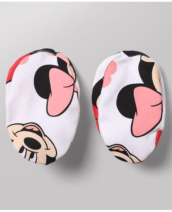 Babyhug Disney 100% Cotton Interlock Knit Full Sleeves Frock Style Onesie with Cap, Mitten and Booties with Minnie Mouse Graphic & Floral Print - White