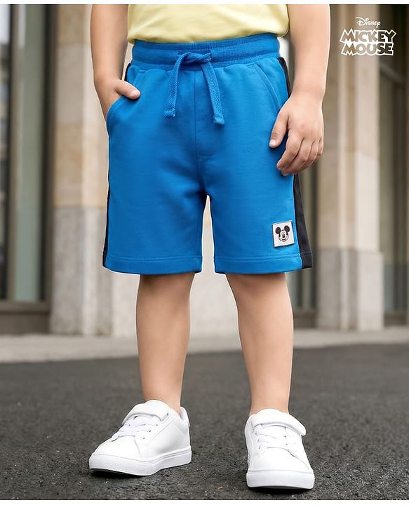 Babyhug Disney Terry Knit Above Knee Length Shorts with Mickey Mouse Graphic - Blue