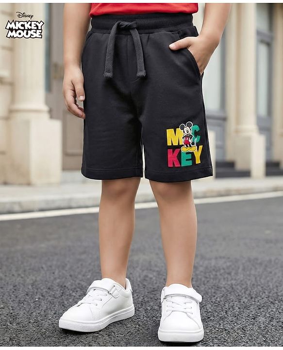 Babyhug Disney Terry Knit Above Knee Length Shorts with Mickey Mouse Graphic - Black
