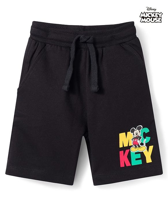 Babyhug Disney Terry Knit Above Knee Length Shorts with Mickey Mouse Graphic - Black