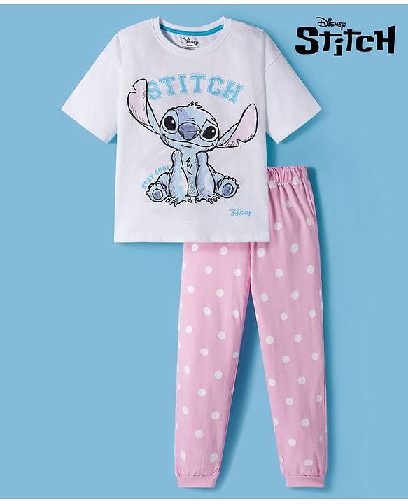 Pine Kids Disney Single Jersey Knit Drop Shoulder Half Sleeves T-Shirt & Pyjama Night Suit With Stitch Graphics - Multicolor