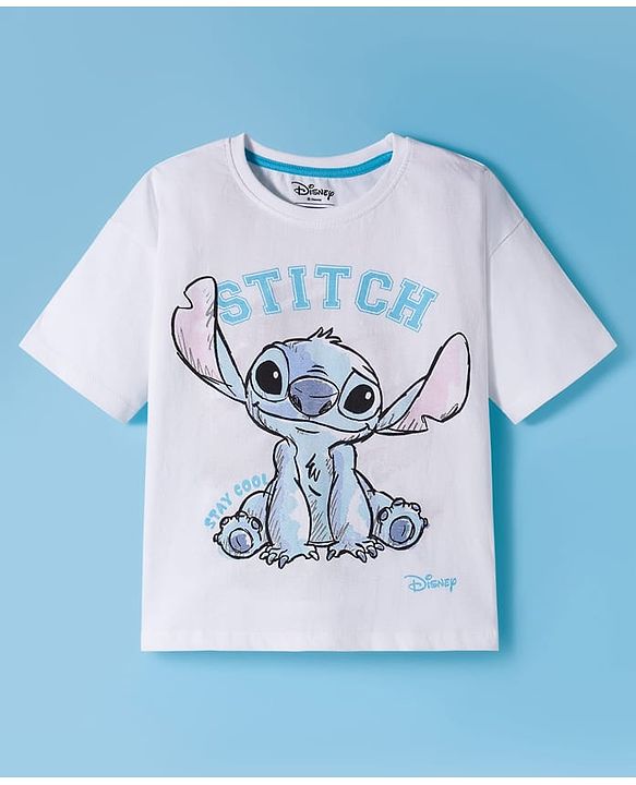 Pine Kids Disney Single Jersey Knit Drop Shoulder Half Sleeves T-Shirt & Pyjama Night Suit With Stitch Graphics - Multicolor