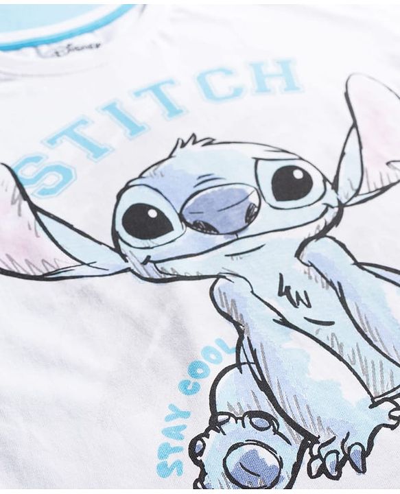 Pine Kids Disney Single Jersey Knit Drop Shoulder Half Sleeves T-Shirt & Pyjama Night Suit With Stitch Graphics - Multicolor
