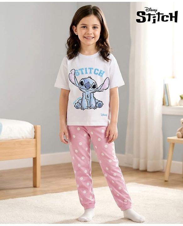 Pine Kids Disney Single Jersey Knit Drop Shoulder Half Sleeves T-Shirt & Pyjama Night Suit With Stitch Graphics - Multicolor