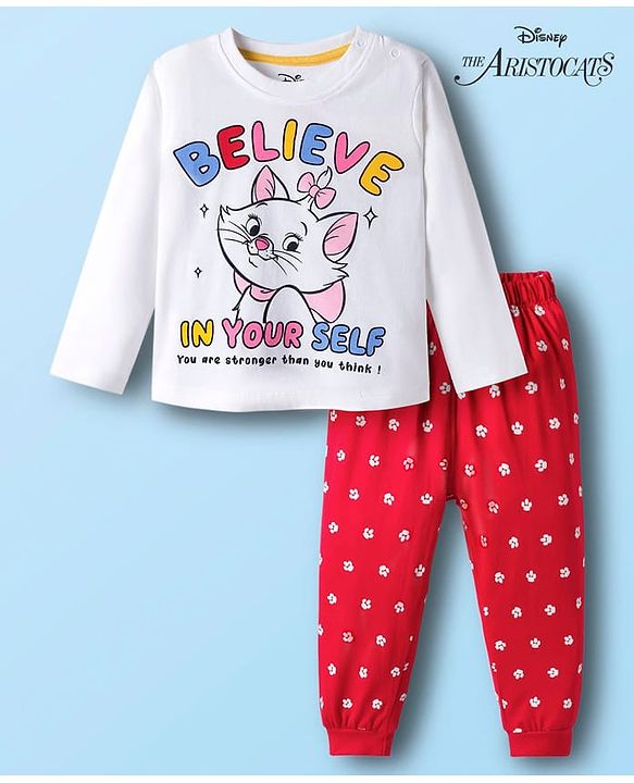 Babyhug Disney Single Jersey Knit Full Sleeves T-Shirt & Pyjama Night Suit With Marie Graphics - White & Red
