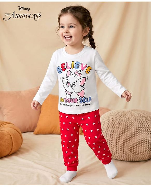 Babyhug Disney Single Jersey Knit Full Sleeves T-Shirt & Pyjama Night Suit With Marie Graphics - White & Red
