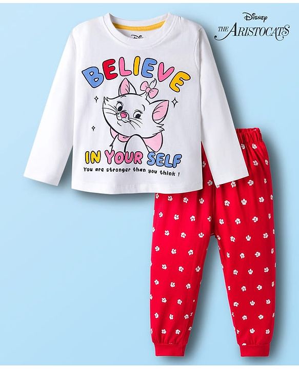 Babyhug Disney Single Jersey Knit Full Sleeves T-Shirt & Pyjama Night Suit With Marie Graphics - White & Red