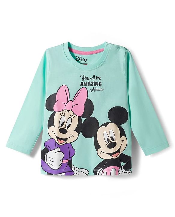Babyhug Disney Single Jersey Knit Full Sleeve T-Shirt & Pyjama Night Suit Set with Minnie & Friends Graphic- Pink & Light Blue