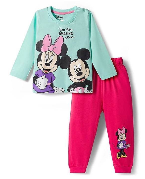 Babyhug Disney Single Jersey Knit Full Sleeve T-Shirt & Pyjama Night Suit Set with Minnie & Friends Graphic- Pink & Light Blue