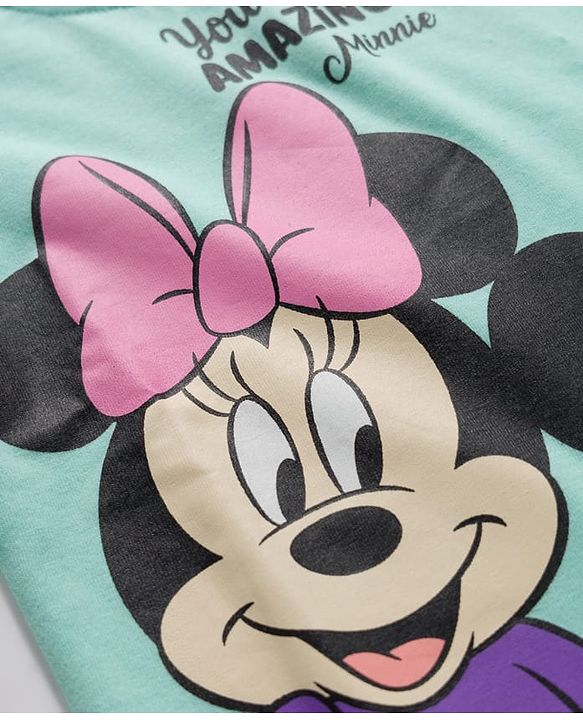 Babyhug Disney Single Jersey Knit Full Sleeve T-Shirt & Pyjama Night Suit Set with Minnie & Friends Graphic- Pink & Light Blue