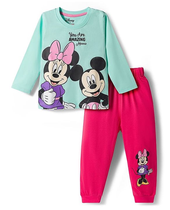 Babyhug Disney Single Jersey Knit Full Sleeve T-Shirt & Pyjama Night Suit Set with Minnie & Friends Graphic- Pink & Light Blue