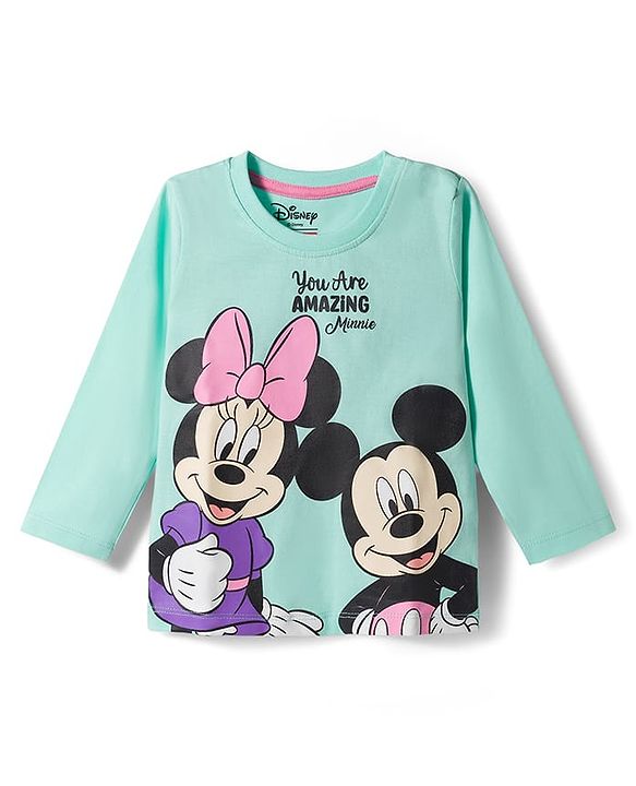 Babyhug Disney Single Jersey Knit Full Sleeve T-Shirt & Pyjama Night Suit Set with Minnie & Friends Graphic- Pink & Light Blue