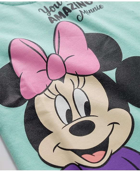 Babyhug Disney Single Jersey Knit Full Sleeve T-Shirt & Pyjama Night Suit Set with Minnie & Friends Graphic- Pink & Light Blue